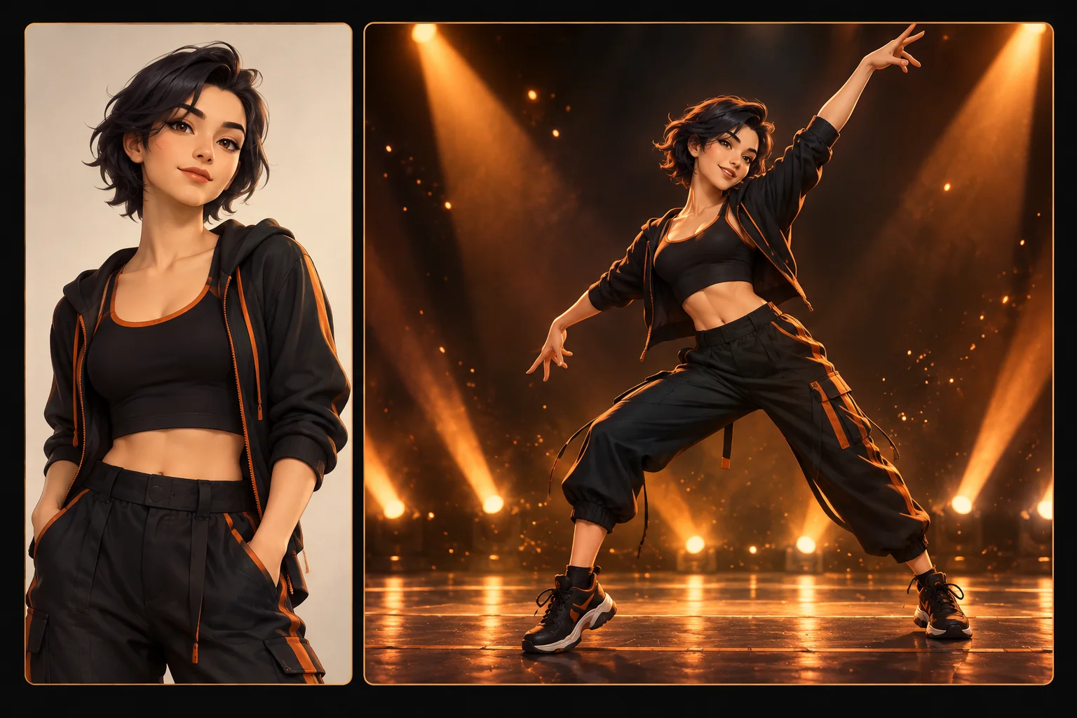 Illustrated starting portrait and the same character striking an energetic dance pose under warm stage lights.